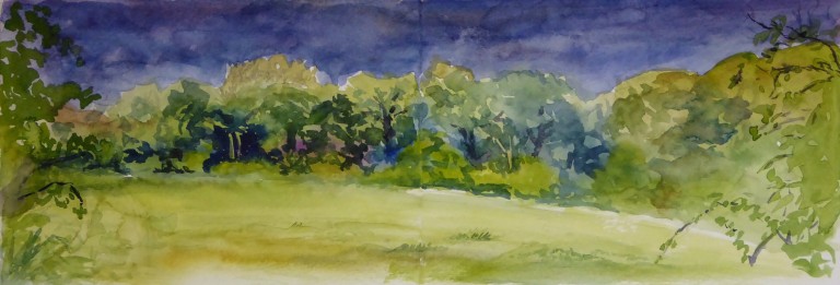 Watercolour of a french field with a sunlit tree line and looming thunderclouds